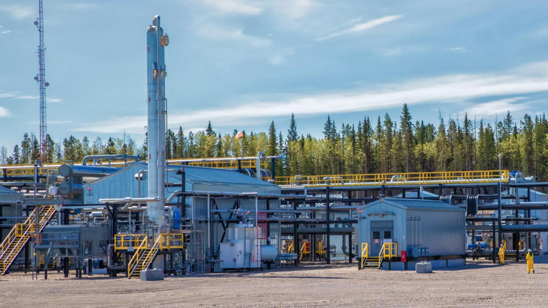 Industrial facility under a clear sky and surrounded by trees, with metal structures and a tall tower. 