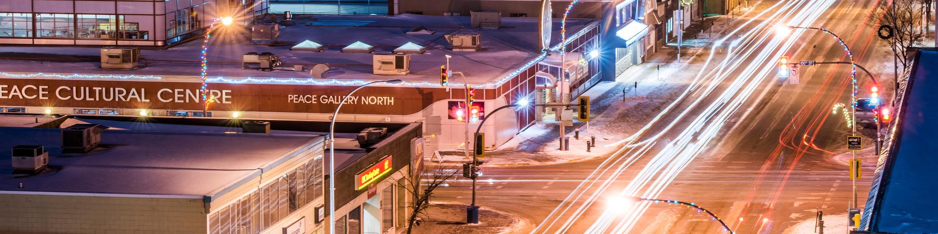 Downtown Fort St. John at nighttime during winter.